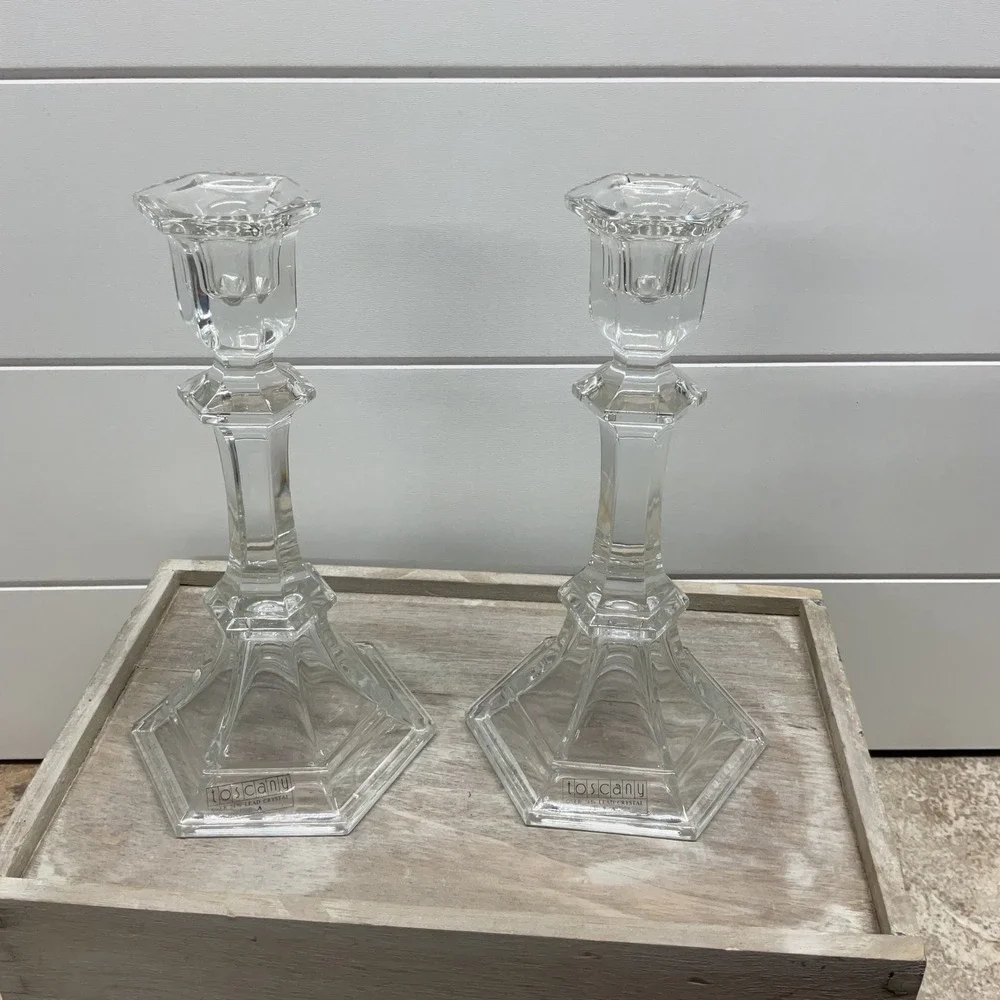Toscany Lead Crystal Candlestick Set Hexagon Base 8.5 Inch Made in USA Clear